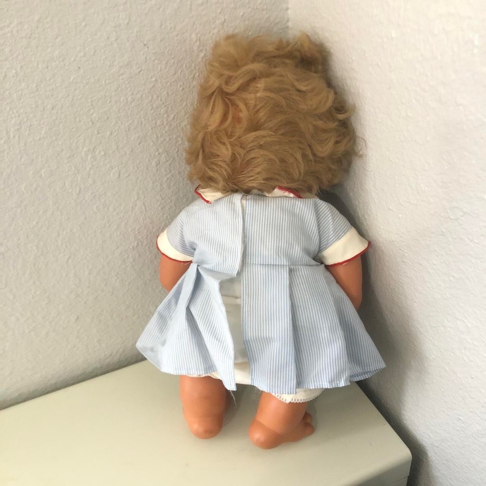 VTG Vicma Bambo Thumb Sucking Baby Doll 1980s Girl Blonde 20” Blue Dress Bloomer - Picture 3 of 8